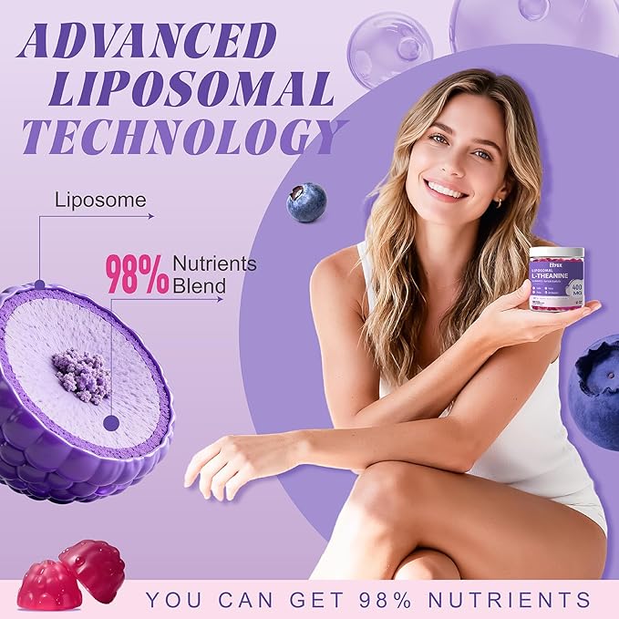 Liposomal L Theanine Gummies Chewable L-Theanine 400mg with GABA Supplement for Kids &amp Adults Stress Relief zzZ and Relaxation Focus Support Natural Blueberry Flavor 60 Count