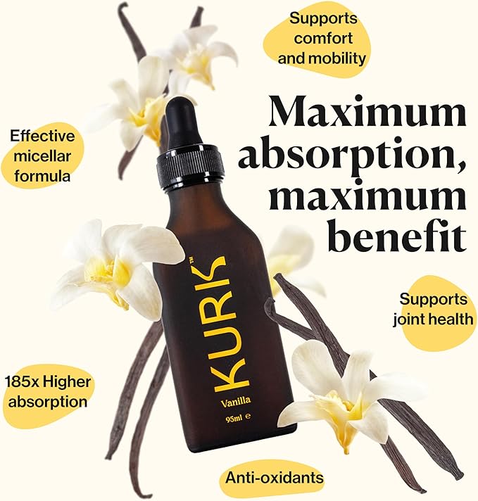 Kurk Essential Liquid Turmeric Curcumin Supplement Turmeric Drops Oil for Advanced Everyday Wellness Focus &amp Energy 185x More Absorbable Than Powders Plant-Based (Vanilla) (3.2 Fl Oz)