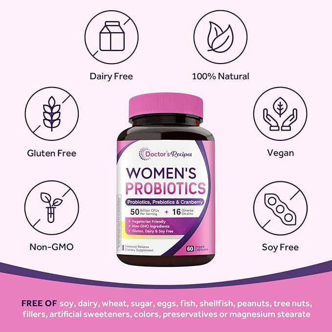Doctor's Recipes Women’s Probiotic &amp Collagen Complex Bundle Digestive Vaginal &amp Urinary Health Hair Nails Skin Health Delayed Release Probiotic Capsules 60ct &amp Collagen Complex Caps