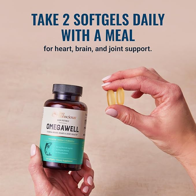 Live Conscious OmegaWell Omega 3 Fish Oil - 2000mg Capsules: Heart Brain &amp Joint Support - 800 mg EPA 600 mg DHA - Sustainably Sourced - Softgels - 30 Day Supply
