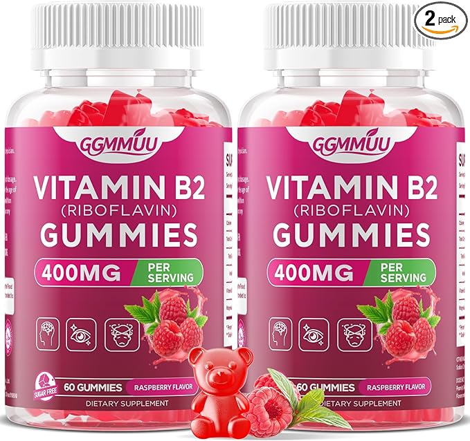 2 Pack Vitamin B2 Gummies Riboflavin 400mg Supplement with Magnesium for Kids &amp Adults B2 Gummies for Nervous System Support &amp Skin Health Raspberry Flavor 120 Count