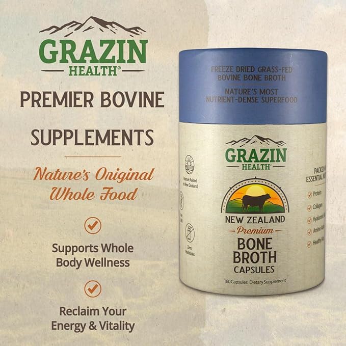 Freeze-Dried Grass-Fed Bovine Bone Broth Capsules – 3000mg Per Serving – Collagen Protein &amp Amino Acids – Pasture-Raised in New Zealand Manufactured in USA – 30 Servings