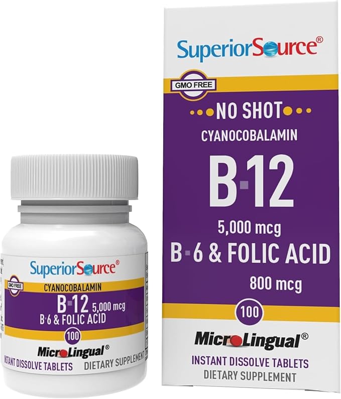 Superior Source No Shot Vitamin B-12 Cyanocobalamin 5000 mcg B-6 Folic Acid 800 mcg - Support Brain &amp Heart Health - Aids Natural Energy Levels - 100 Sublingual Dissolving Tablets