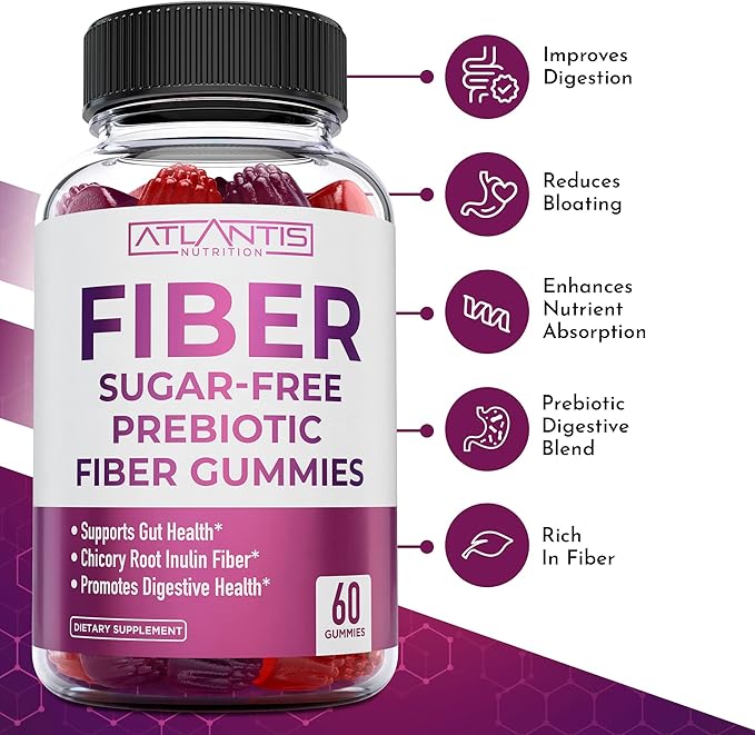Atlantis Nutrition Sugar Free Fiber Gummies for Adults - 5G Fiber Supplement Formulated with 5.4G Prebiotic Digestive Blend/Serving - Supports Gut Health &amp Healthy Digestion - 2-Pack 120 Gummies