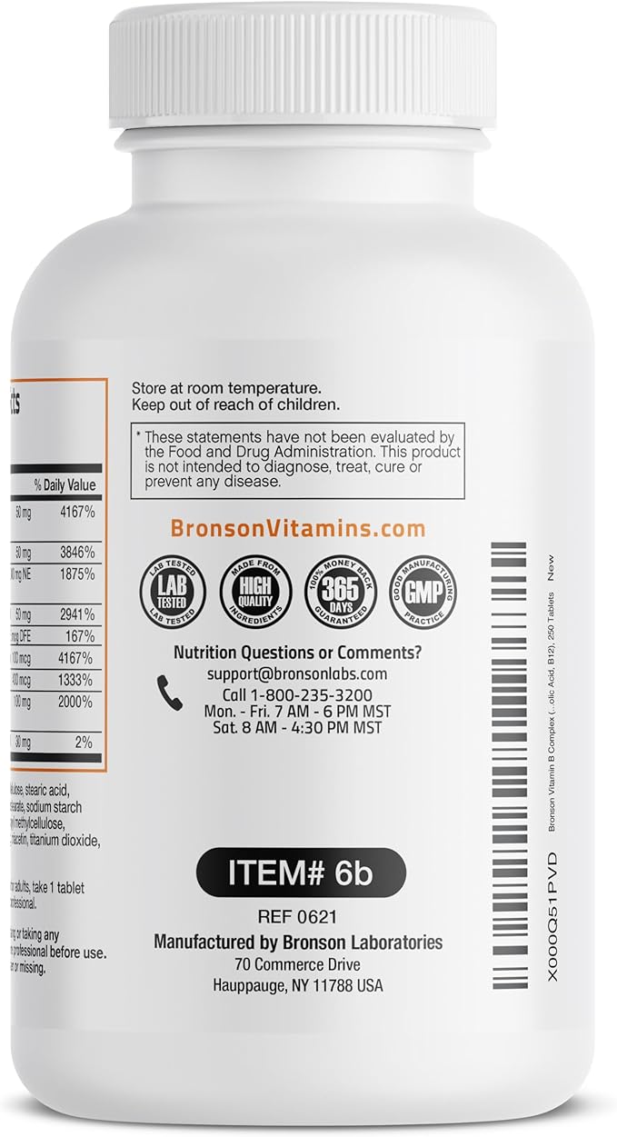 Bronson Vitamin B Complex (Vitamin B1 B2 B3 B6 B9 - Folic Acid B12) 250 Tablets