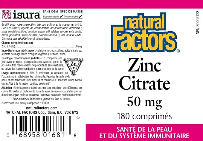 Natural Factors - Zinc Citrate 50mg Support for Healthy Skin &amp Immune Function 180 Tablets