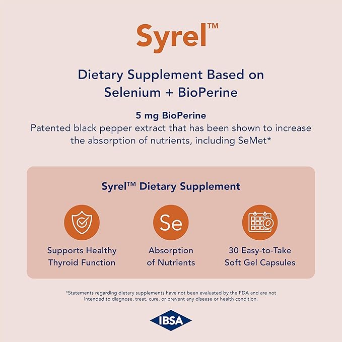 Syrel - Thyroid Support Supplement – 100mcg Selenium and 5mg BioPerine - 30 Soft- Gel Caps for Increased Bioavailability and Absorption - Gluten-Free Lactose-Free Sugar-Free Non-GMO
