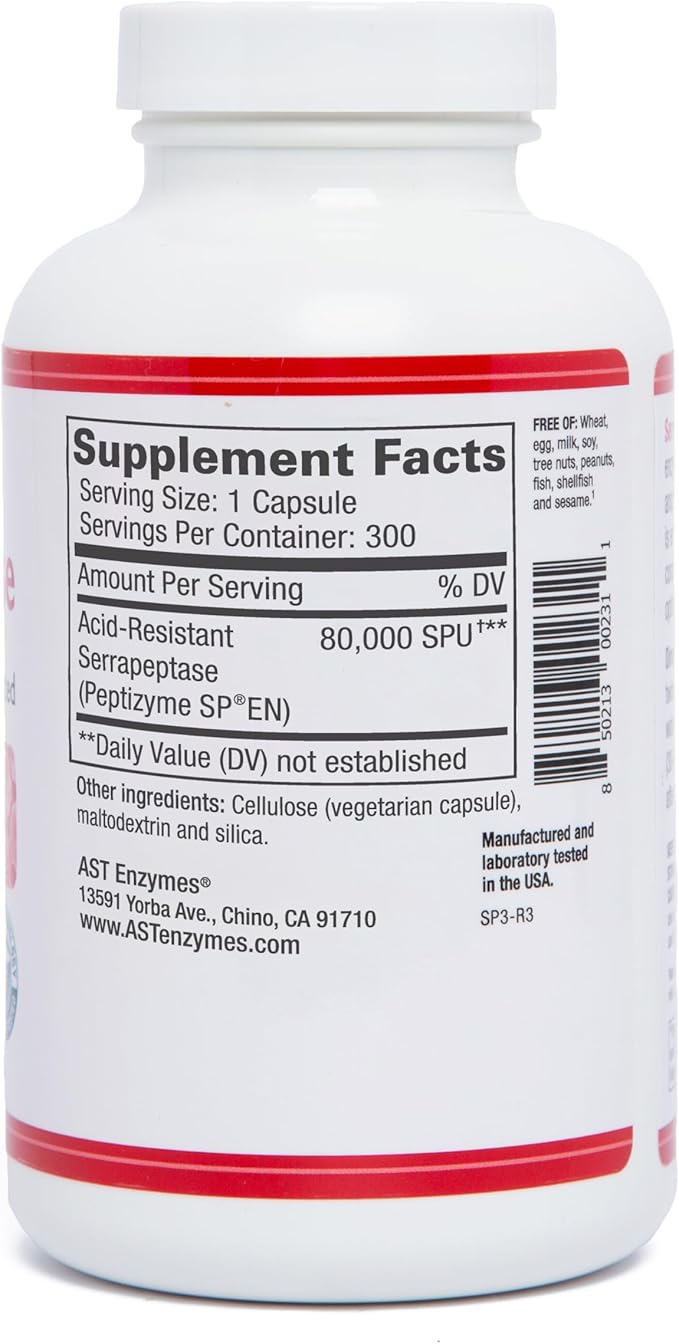 AST Enzymes Serrapeptase 80000 SPU – 300 Vegetarian Capsules - Premium Natural Systemic Enzymes – Acid-Resistant Serrapeptase