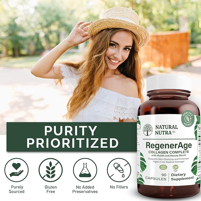 Natural Nutra RegenerAge Complete Supplement for Skin Health with Protein Peptides Reduce Stretch Marks Contributes Overall Health Vitamin C Grape Seed Red Wine Extract Gluten Free 90 Capsules.