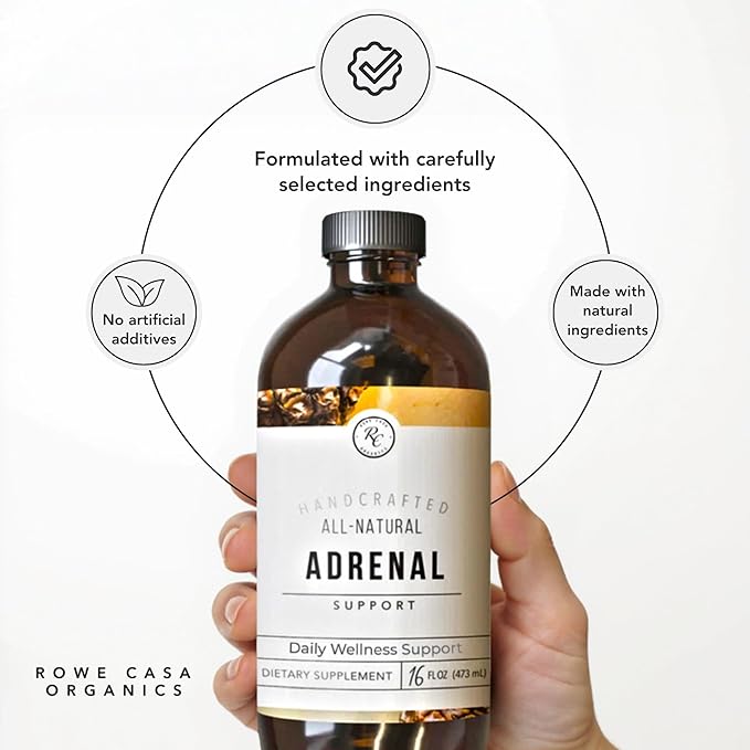 Rowe Casa Organics Adrenal Support Supplements for Daily Balance &amp Vitality – Liquid Drops with Organic Botanical Herbs – Unflavored Formula for Adults &amp Ages 12 &amp Up 16 Fl. Oz.