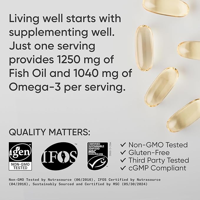 Sports Research Triple Strength Omega 3 Fish Oil - Burpless Fish Oil Supplement w/EPA &amp DHA Fatty Acids from Wild Alaskan Pollock - Heart Brain &amp Immune Support for Men &amp Women - 1250 mg