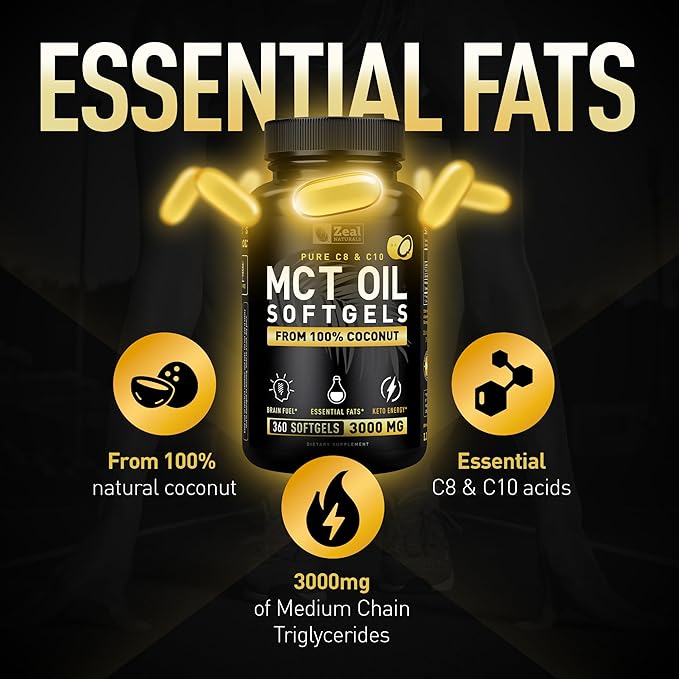 Zeal Naturals Pure MCT Oil Capsules - 3000mg 360 Softgels |C10 C8 MCT Oil Unrefined Coconut | Energy Support &amp Brain Fuel Supplement | Gluten-Free