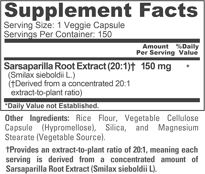 NusaPure Sarsaparilla Root Capsules 150 mg 150 Veg Capsules (Non-GMO Vegan)