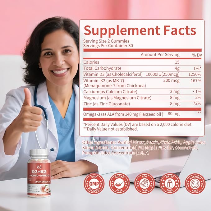 M inch Vitamin D3 K2 Gummies Vitamin D3 10000IU K2 (MK-7) 200mcg 6-in-1 Vitamina D3 Con K2 Supplement with Omega-3 Magnesium and Calcium for Bones Teeth &amp Immune Support Sugar Free 2 Packs