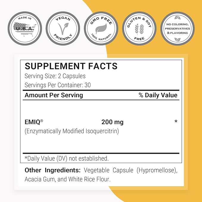 Supersmart - Alpha Glycosyl IsoQuercitrin 200mg per Day - Bioactive Quercetin EMIQ - Flavonoid Supplement | Non-GMO &amp Gluten Free - 60 Vegetarian Capsules