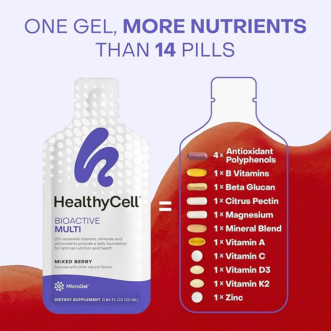 Healthycell Bioactive Daily Liquid Multivitamin for Men &amp Women – 20+ Essential Vitamins Minerals &amp Antioxidants for Brain Heart Immune Support Skin &amp Hair Support - 14 Gel Packs