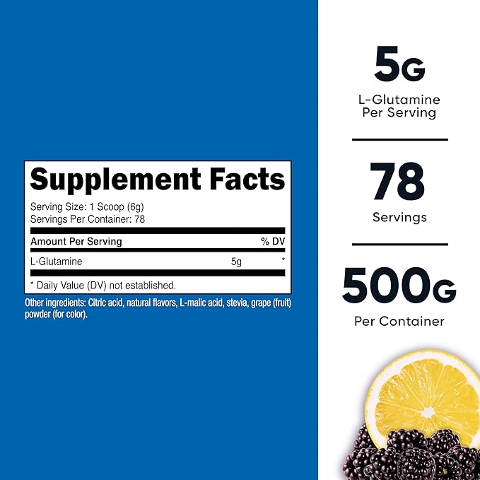 Nutricost L-Glutamine Powder Sweetened with Stevia (500 Grams BlackBerry Lemonade) - Supplement for Gut Support 5 Grams of L-Glutamine Per Serving Gluten Free and Non-GMO