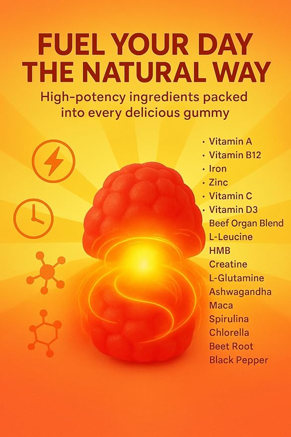 Sugar Free Grass-Fed Beef Organ Supplement Gummies with HMB L-Leucine Vitamin A B12 C D3 Supports Muscle Growth Cognitive Function Energy Detoxification Desiccated Pasture Raised Grain Free