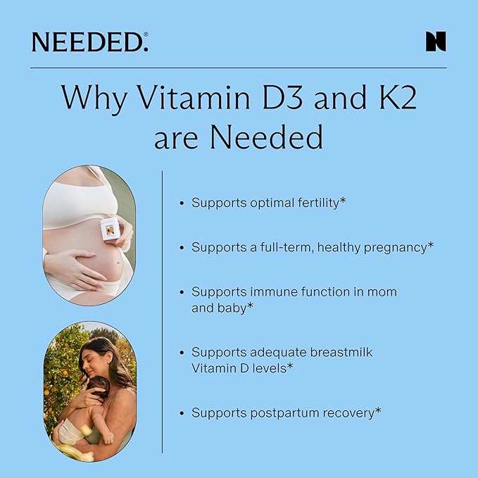 Needed. Expertly-Formulated Prenatal Vitamin D3/K2 | for Fertility Pregnancy Breastfeeding and Postpartum Healthy Immunity and Bone Development Supports Breast Milk Vitamin D Levels | 60 Capsules