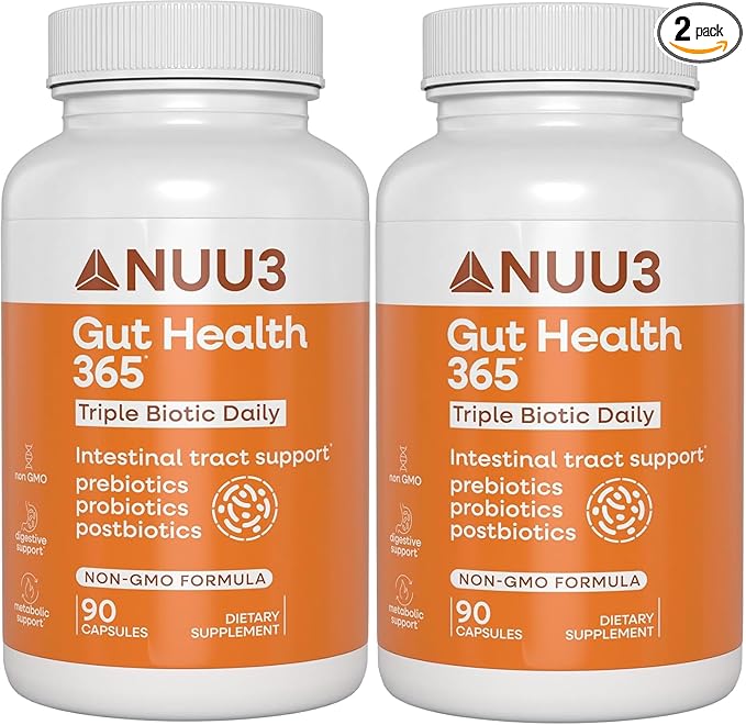 NUU3 Gut Health 365 - Digestive Enzymes &amp Probiotic Supplement for Women &amp Men - Bloating &amp Digestion Relief - Supports Gut Microbiome &amp Healthy Immune Function - 90 Capsules (Pack of