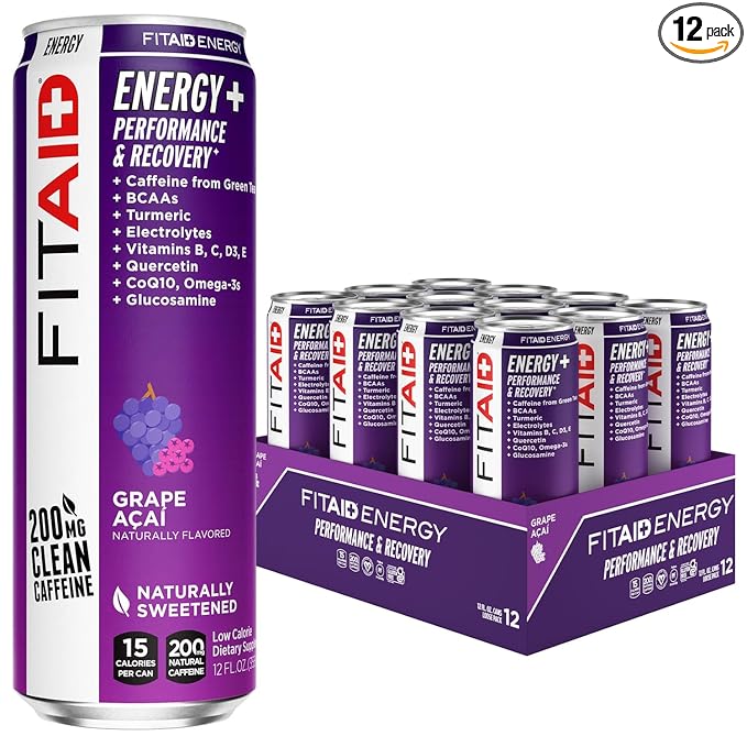 LIFEAID FITAID Energy Grape AÇAI 200mg Natural Caffeine Keto Pre-Workout Performance: BCAAs Quercetin Electrolytes Omega-3s 15 Calories Paleo Vegan &amp Gluten-Free 12-oz (Pack of 12)