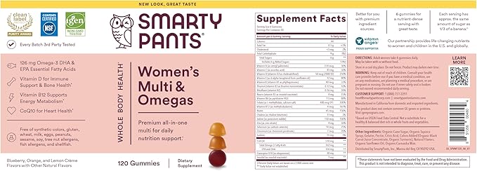 SmartyPants Women's Multivitamin Gummies: Omega 3 Fish Oil (EPA/DHA) Methylfolate CoQ10 Vitamin D3 C Vitamin B12 B6 A K &amp Zinc Inositol Gluten Free 120 Count (20 Day Supply)