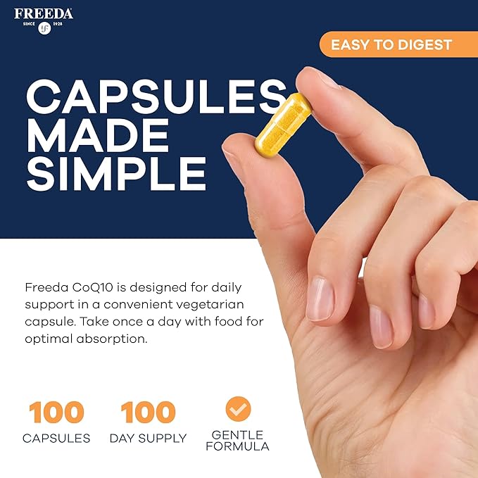 FREEDA CoQ10 100mg - Kosher Coenzyme Q10 Dietary Supplement for Cardiovascular Heart Health Blood Pressure Support Oral Gum Health and Healthy Aging - Pure CoQ10 Capsules 100 Count