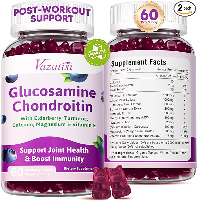 2 Pack Glucosamine Chondroitin Gummies - Glucosamine Chondroitin with MSM Elderberry Turmeric Joint Support Supplement for Adults Men &amp Women - Blueberry Flavor 120 Cts