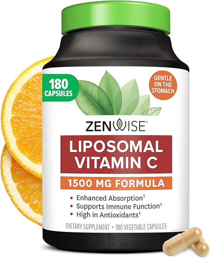Zenwise Health Enhanced Absorption Liposomal Vitamin C Supplement - 1500mg Liposomal VIT C for Immune Support Antioxidant &amp Natural Energy Boost - Organic &amp Gluten Free - Unflavored 180 Caps