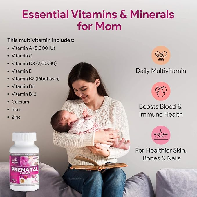 Nutri Supreme Prenatal Vitamin Chewable Prenatal Vitamins for Women with 800 MCG of Folate Complete Pregnancy Multivitamin with Iron Kosher Cherry Flavor 90 Count