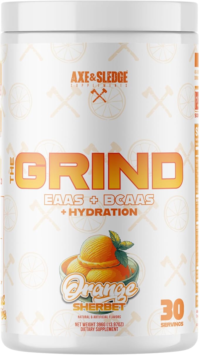 Axe &amp Sledge The Grind Essential Amino Acids |EAA &amp BCAA Powder |Muscle Recovery &amp Electrolytes for Hydration | Stimulant-Free Vegan | 30 Servings Orange Sherbet