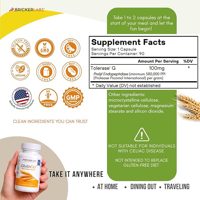 Bricker Labs GlutnGo Gluten Digestive Enzyme with Tolerase G 100mg – Supports Gluten Digestion &amp Digestive Comfort 90 Capsules