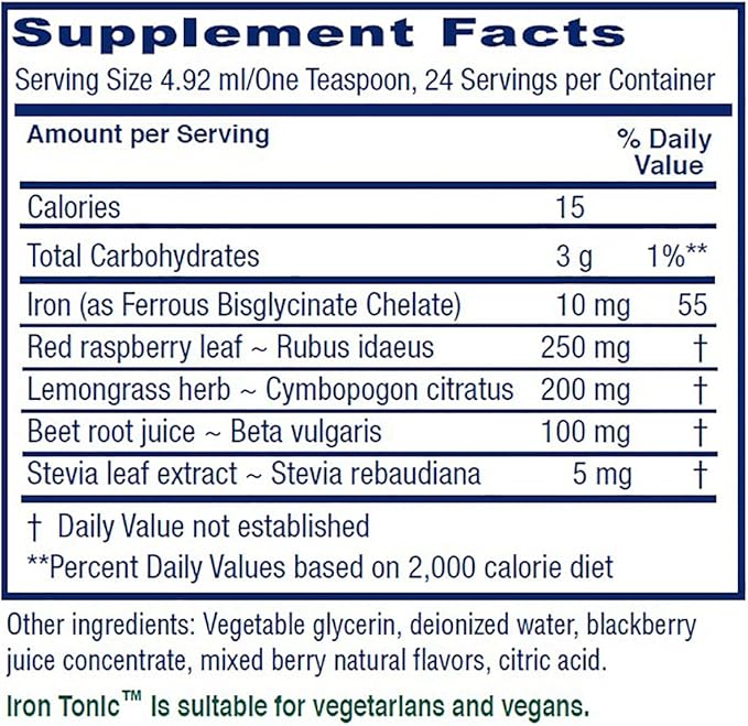 Vitanica Iron Tonic Liquid Iron Supplement Red Blood Cell Support Vegan 4 Ounce