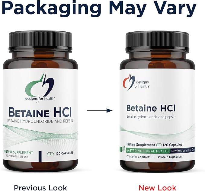 Designs for Health Betaine HCl with Pepsin - 750mg Betaine Hydrochloride + Protein Digestive Enzyme - Non-GMO Supplement to Support Digestive Function (120 Capsules)