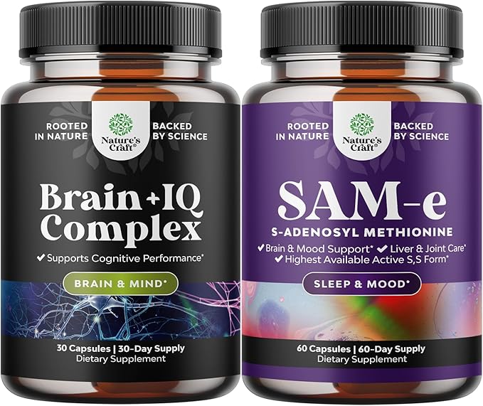 Bundle of Nootropic Memory Supplement for Brain Support - Memory Pills for Brain Boost and Natural Energy Booster Sam-E 200mg Mood Support Supplement for Brain Support and Liver Detox Cleanse