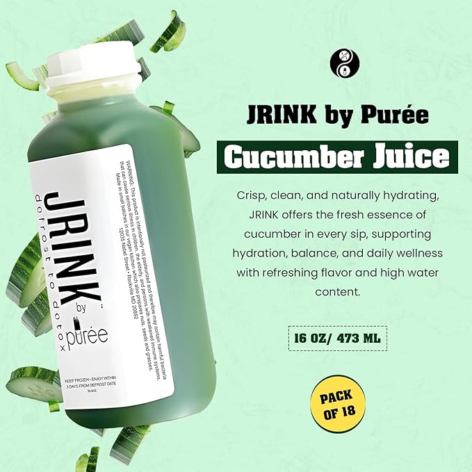 JRINK by Purée Organic Cucumber Juice Cold Pressed Detox Drink Healthy Cleanse with No Preservatives Fresh Raw Juice in HDPE Bottles Organic Fruit and Vegetable Cleanse Beverage 16oz Pack of 18