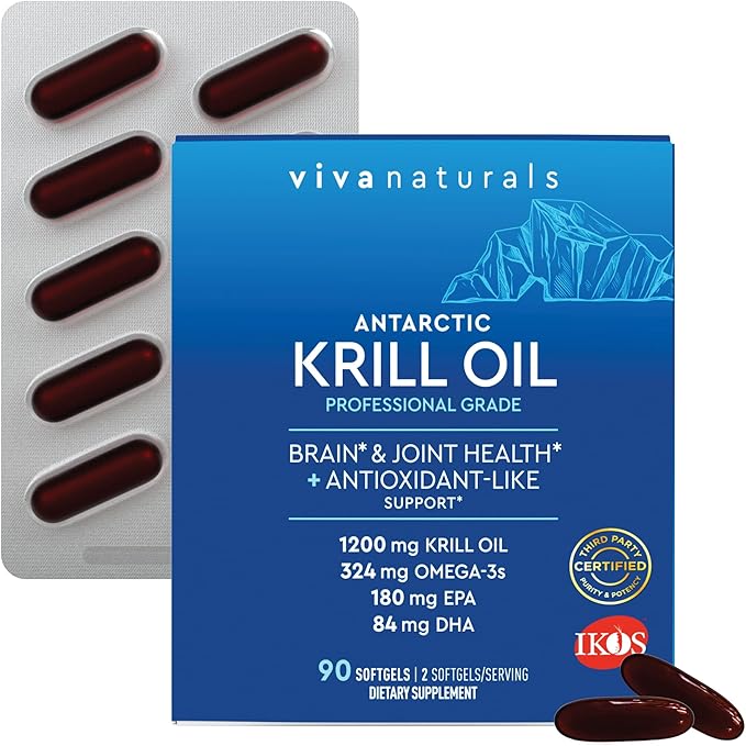 Viva Naturals Antarctic Krill Oil 1200 mg – Omega-3 DHA &amp EPA with Astaxanthin for Joint Health No Fish Burp 90 Softgels