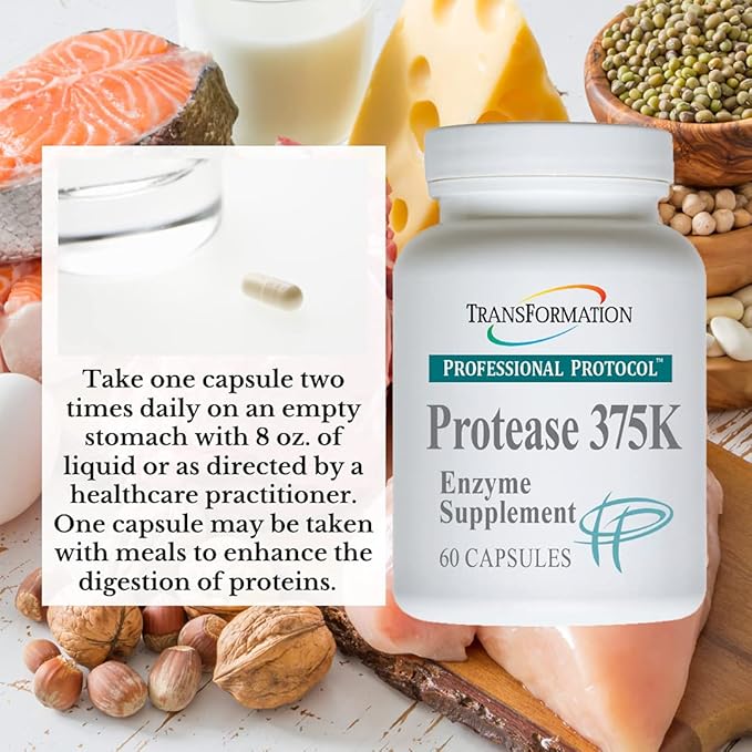 TRANSFORMATION THE GENESIS OF GOOD HEALTH Protease 375K Enzyme Blend Supplement High-Potency Formula for Protein Absorption &amp Gut Health Advanced Enzym Support Non-GMO 60 Capsules