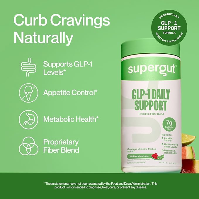 Supergut GLP1 Daily Support - Watermelon Lime - High Fiber GLP-1 Supplement Powder for Women &amp Men - Sugar-Free Drink Mix for Gut Health &amp Digestive Support (18 Servings)