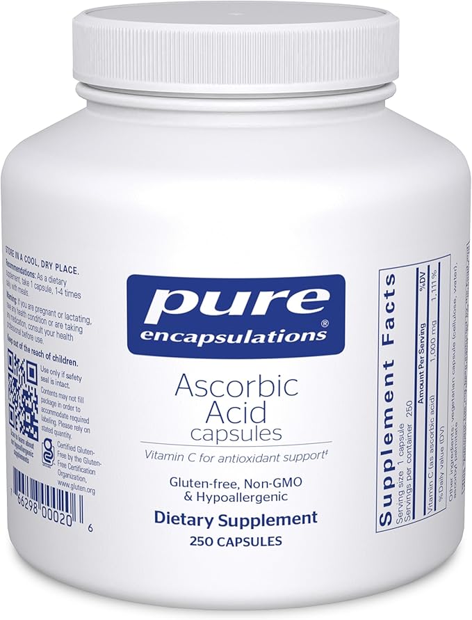 Pure Encapsulations Ascorbic Acid Capsules - 1000 mg Vitamin C - Antioxidant &amp Immune Support* - High-Potency Vitamin C - Vegan &amp Non-GMO - 250 Capsules