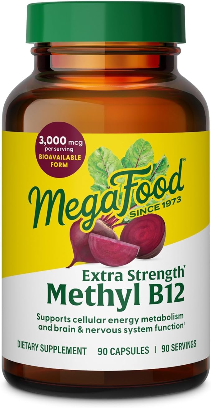 MegaFood Extra Strength Methyl B12 Vitamins Bioavailable Vitamin B12 3000mcg Per Serving Supports Energy Metabolism &amp Nervous System Health Beet Root Vegan Gluten Free 90 Capsules 90 Servin