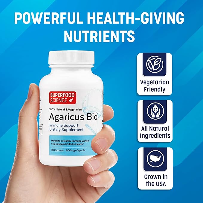 Agaricus Bio 600 mg Agaricus Mushroom for Natural Killer Cell Activity USA-Grown Organic Agaricus Blazei Murill for Immune Support Liver &amp Cellular Health High Beta Glucan Supplements 60 Caps