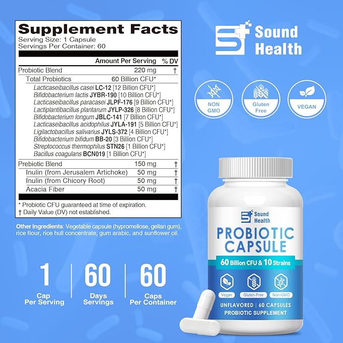 Probiotics with Prebiotics for Women &amp Men Digestive &amp Gut Health Vegan Capsules Non-GMO Gluten &amp Dairy Free