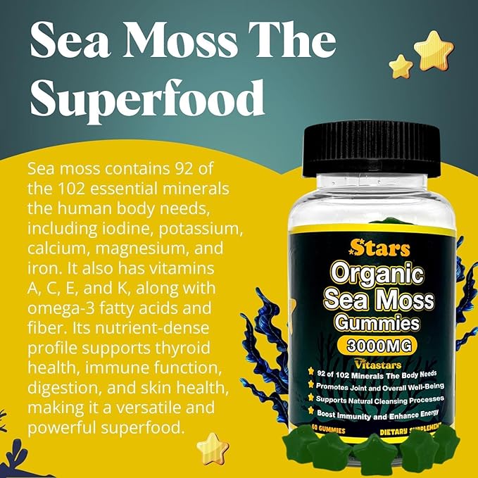 Organic Sea Moss Gummies with Apple Cider Vinegar Burdock Root &amp Bladderwrack - Seamoss Gut Health &amp Immune Support Supplement for Men &amp Women 3000 mg 60 Star-Shaped Gummies