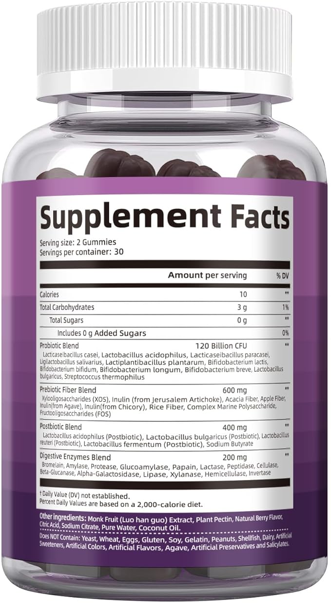 Pre Post Probiotics Gummies 5 in 1 Probiotic Prebiotic Postbiotic Digestive Enzymes with Fiber 120 Billion CFU Probiotics for Gut Health Sugar Free Vegan BlackBerry Flavor 120 Cts