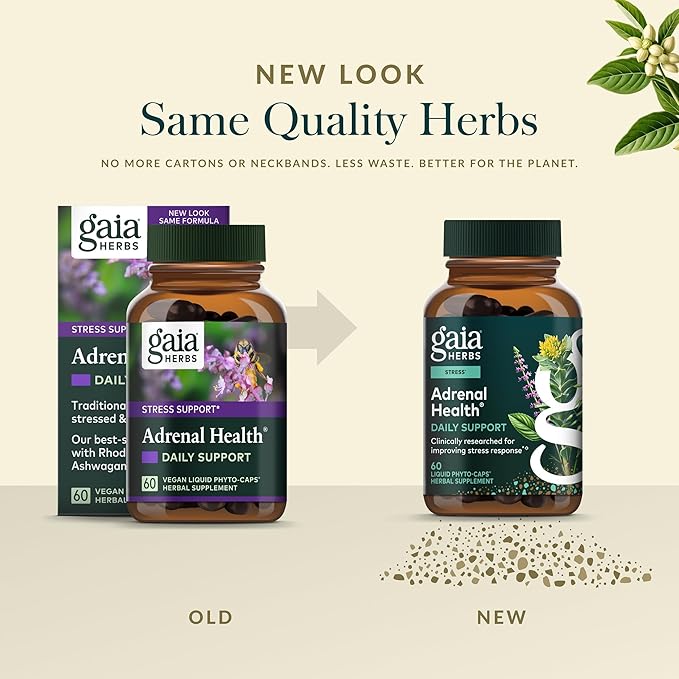 Gaia Herbs Adrenal Health Daily Support - Herbal Supplement with Ashwagandha Holy Basil &amp Schisandra - Help Maintain Healthy Energy &amp Stress Levels* - 60 Vegan Liquid Phyto-Caps (30 Servings)