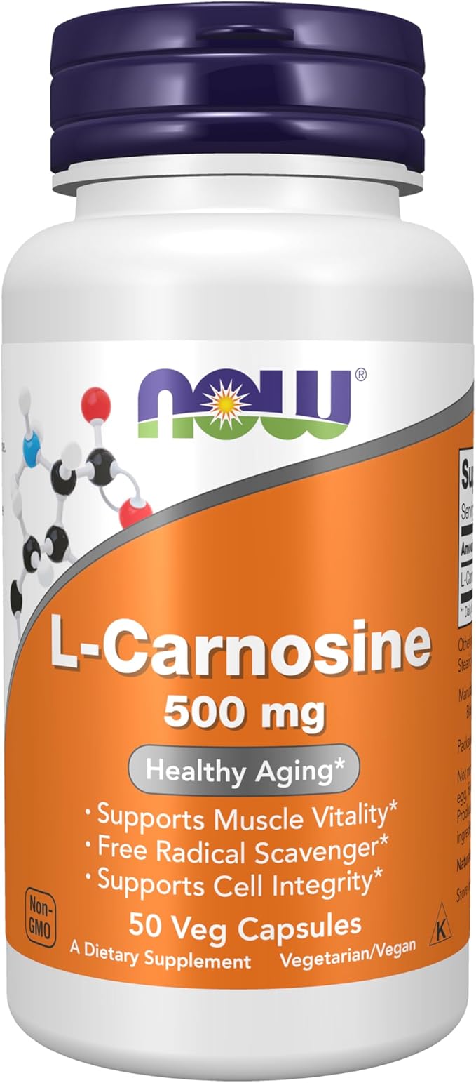 NOW Foods Supplements L-Carnosine (Beta-Alanyl-L-Histidine) 500 mg Healthy Aging 50 Veg Capsules