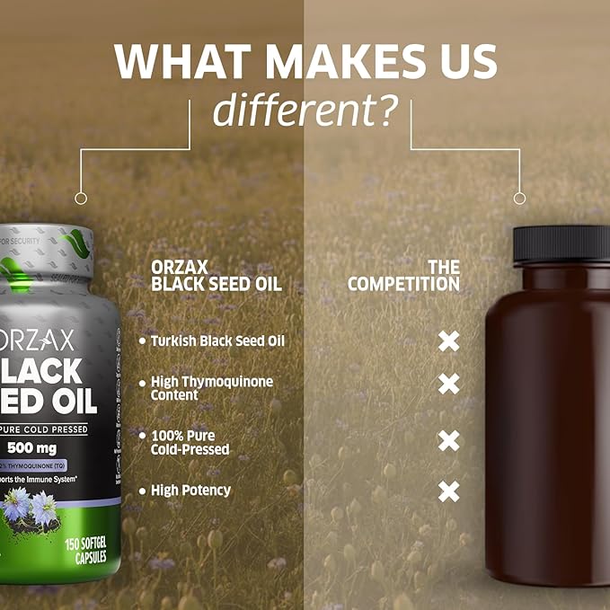 ORZAX Black Seed Oil Cold Pressed 100% Pure | Non-GMO – Rich in Omega 3 6 9 &amp Thymoquinone | Black Cumin Nigella Sativa Oil for Immune Support Hair Skin Face (150 Softgel Capsules)