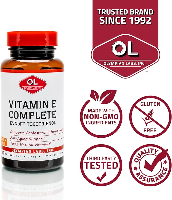 Olympian Labs Vitamin E Complete Tocomin 200IU 60 Softgels Fight Free Radicals Supports Brain Skin &amp Hair 60 Servings