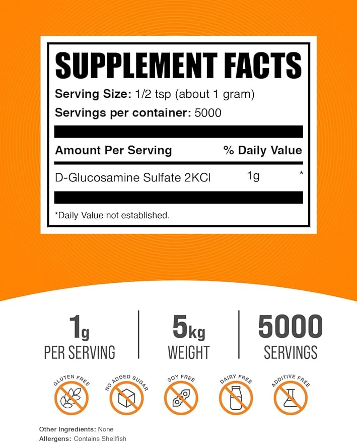 BulkSupplements.com Glucosamine Sulfate Powder - Glucosamine Supplement Joint Support Supplement - Gluten Free 1g per Serving 1kg (Pack of 5) (11 lbs)